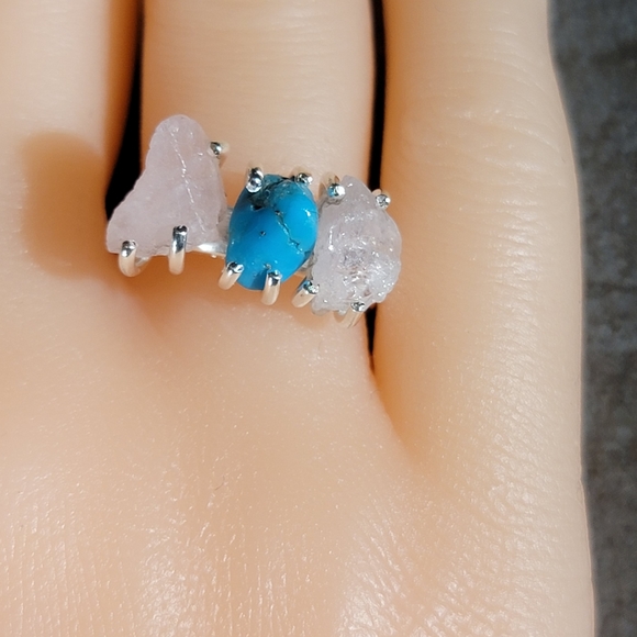Vintage Jewelry - Native Rose Quartz Turquoise Gemstone Ring Size 7 Sterling Silver Boho Jewelry